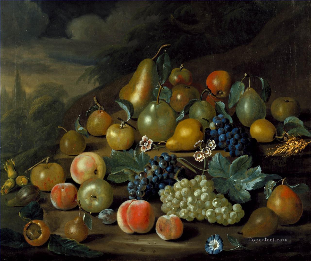 A Still Life of Pears Peaches and Grapes by Charles Collins Oil Paintings